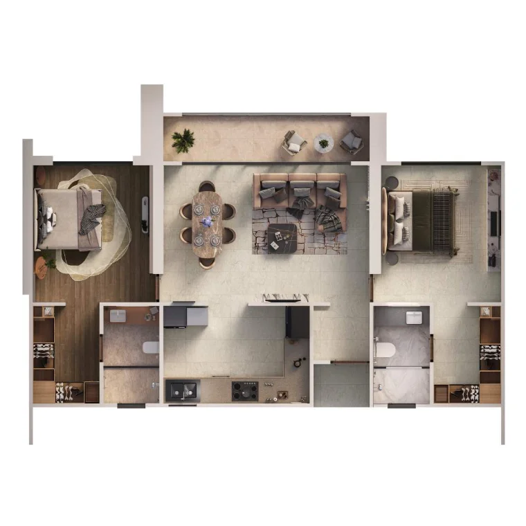 Global Riverfront 2 BHK Type 02 butterfly-layout unit plan - 900 to 920 sq.ft carpet range