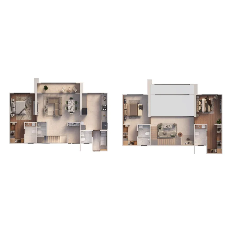 Global Riverfront 3.5 BHK duplex upper and lower level plans - 1,612 sq.ft carpet
