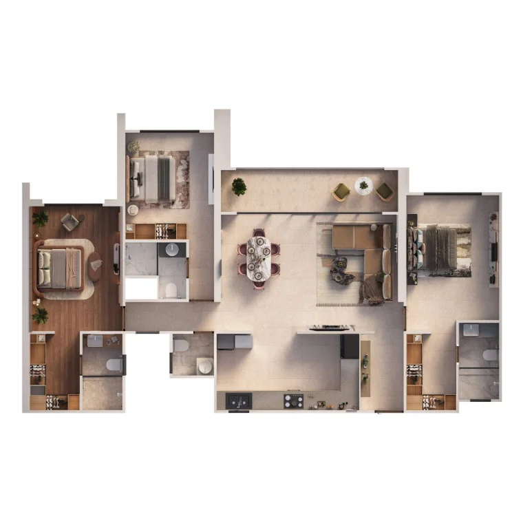 Global Riverfront 3 BHK butterfly-layout unit plan - 1,445 sq.ft carpet