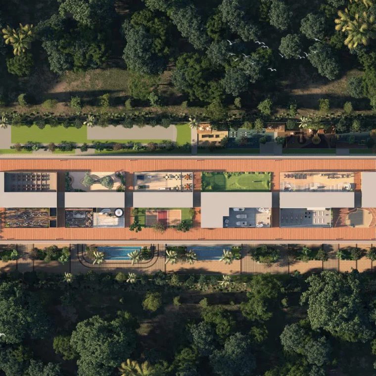 Global Riverfront master layout - aerial view of towers A to F with landscaped ground-level amenities, Koregaon Park Annexe, Pune