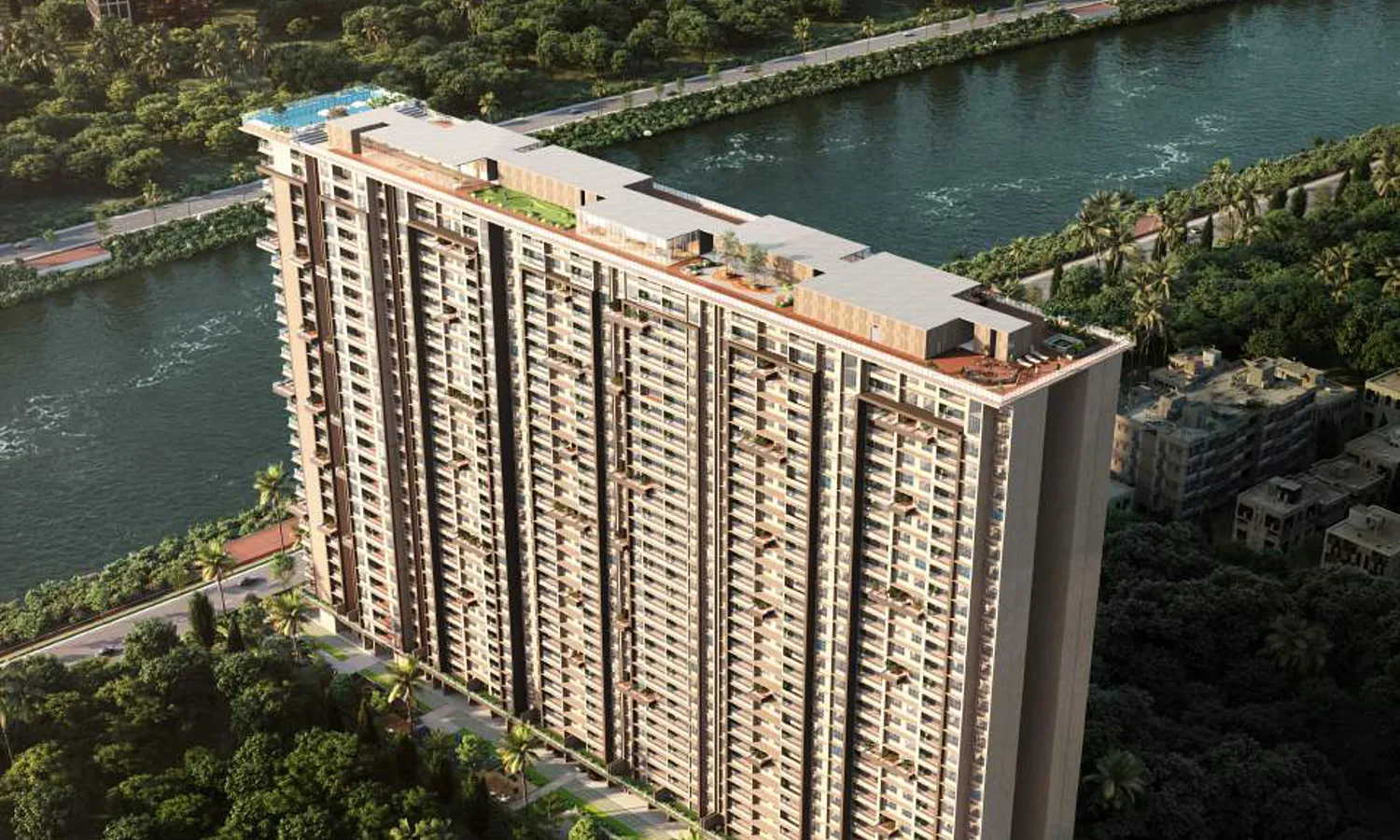 Global Riverfront - aerial view of the residential tower beside the Mula-Mutha river, Koregaon Park Annexe, Pune