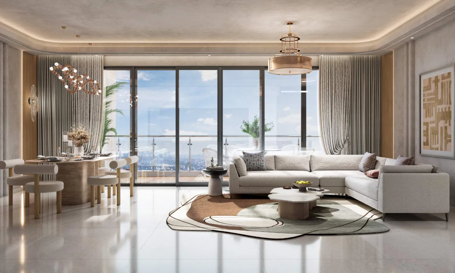 Global Riverfront - living and dining room opening onto a glass-railed balcony