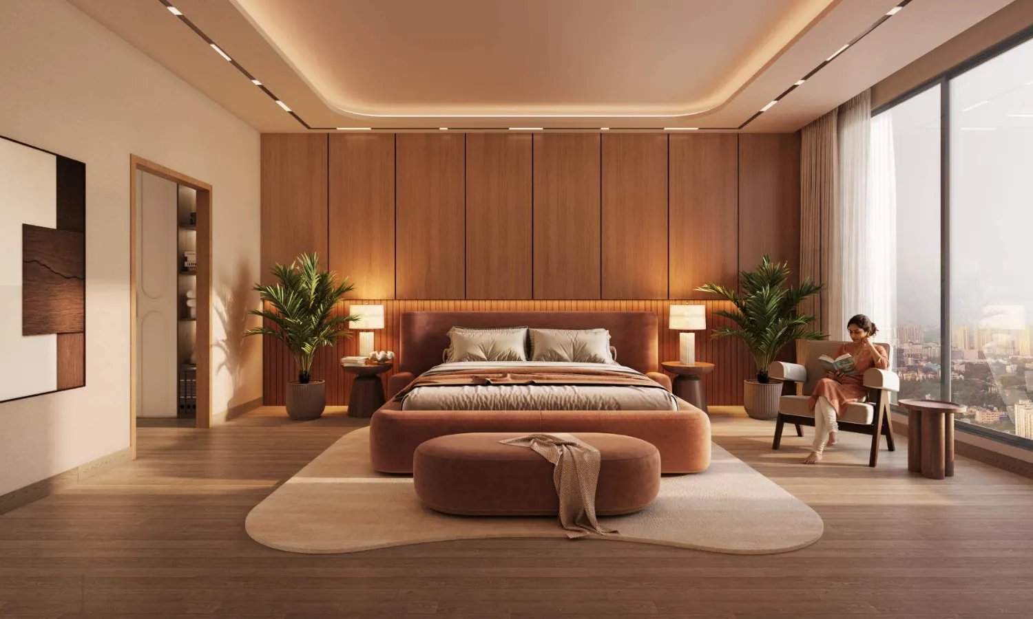 Global Riverfront - master bedroom with a wood-panelled wall and floor-to-ceiling windows