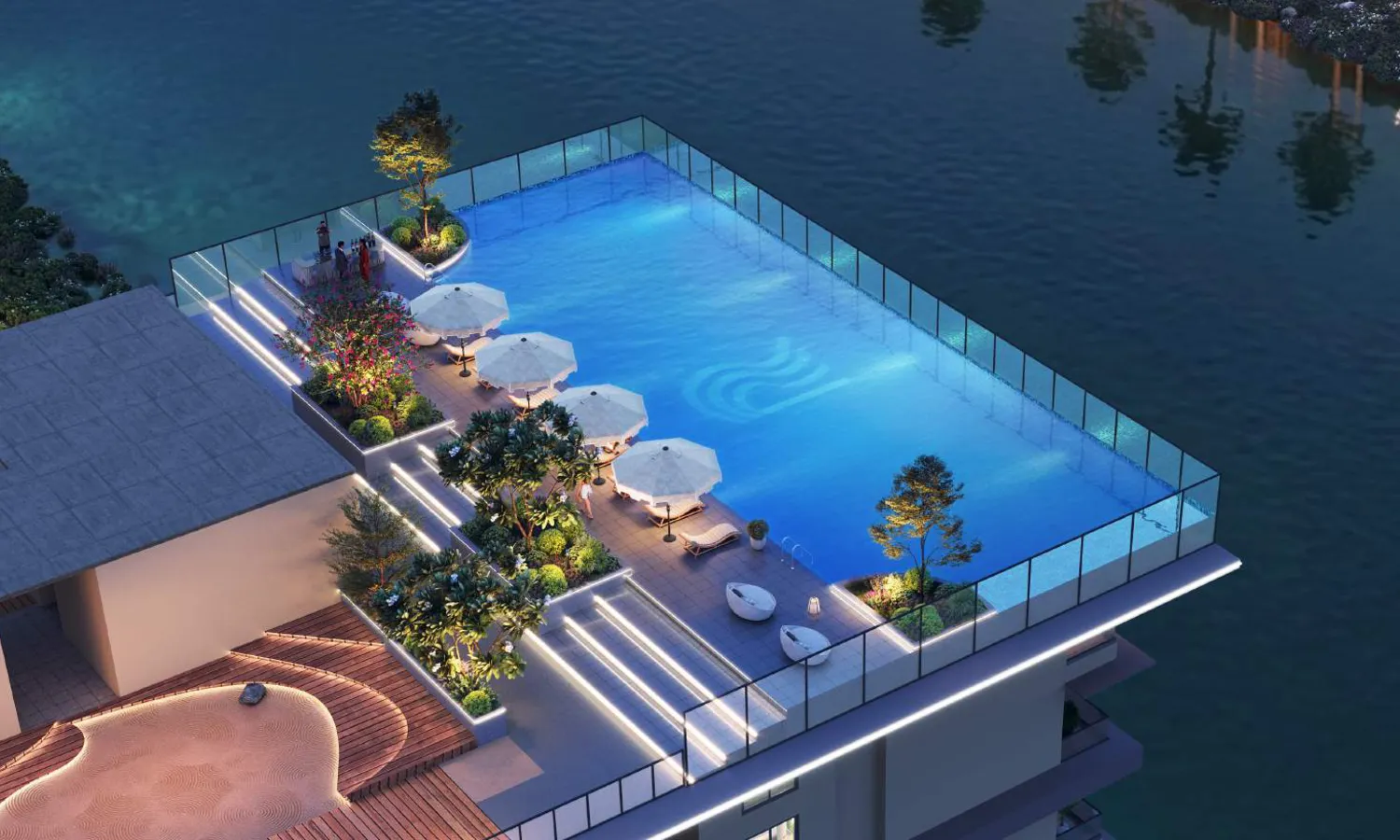 Global Riverfront - rooftop infinity swimming pool overlooking the river at night