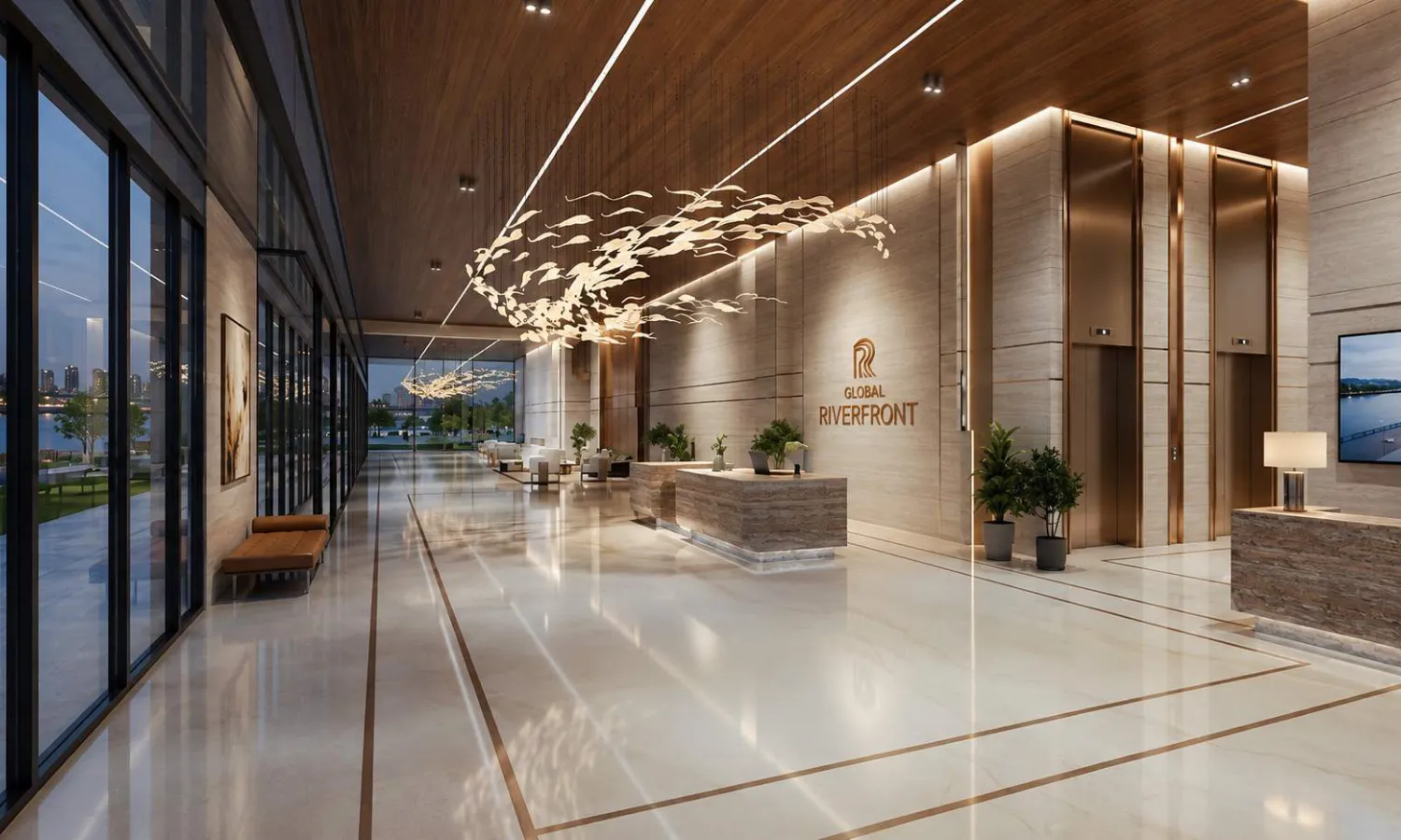 Global Riverfront - grand entrance lobby with a sculptural ceiling installation, reception desk and full-height glazing