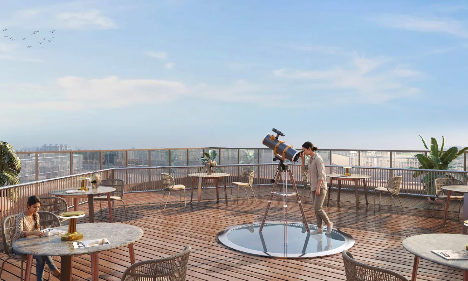 Global Riverfront - rooftop observation deck with seating and a telescope