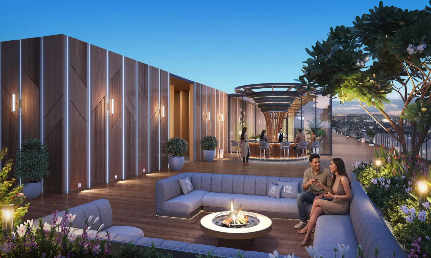 Global Riverfront - open-air rooftop lounge with a fire pit and bar