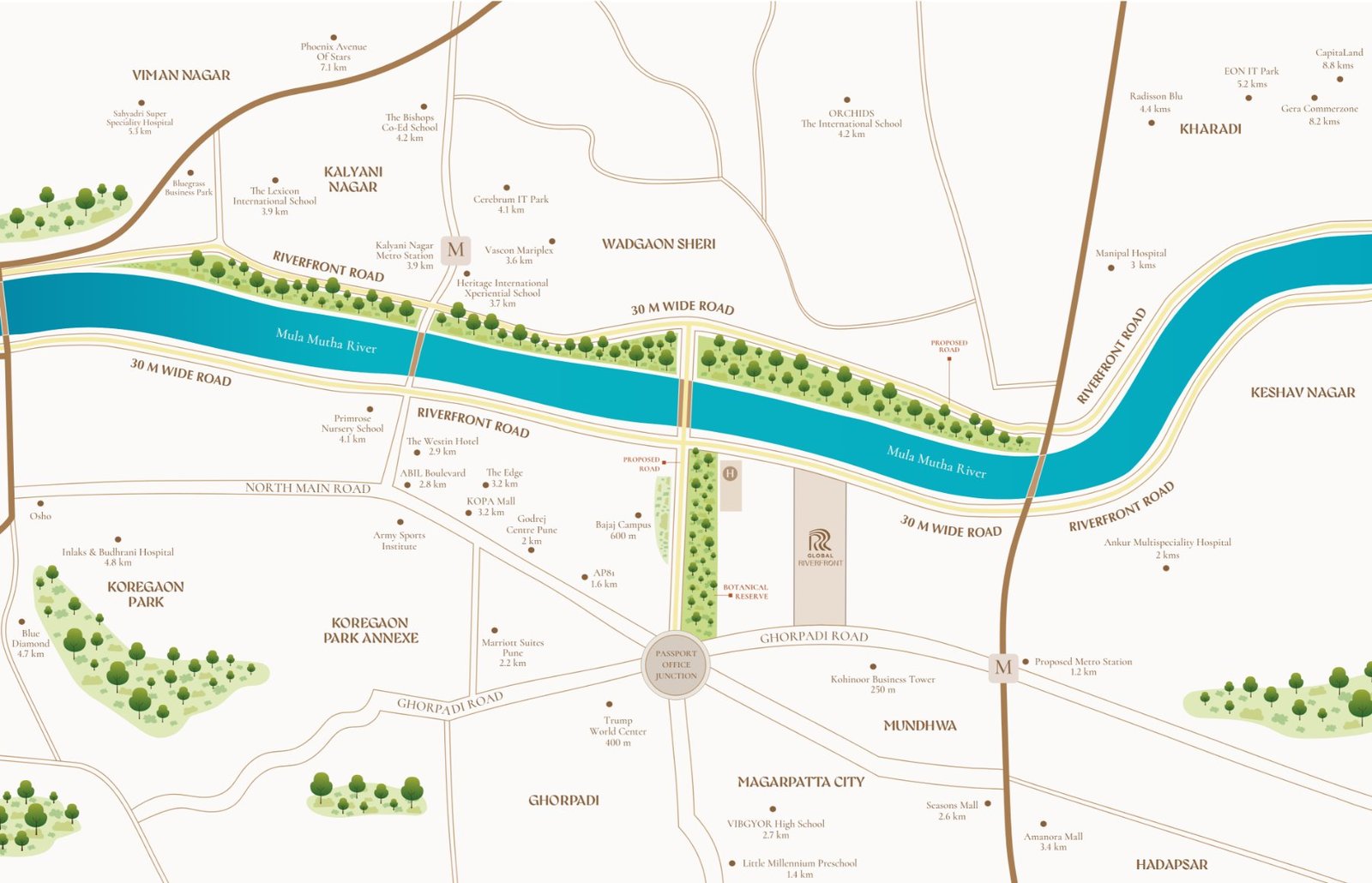 Global Riverfront location map — Koregaon Park Annexe, Mundhwa, Pune, showing the Mula-Mutha River, Riverfront Road, Ghorpadi Road, Passport Office Junction, Kalyani Nagar, Kharadi and Magarpatta City
