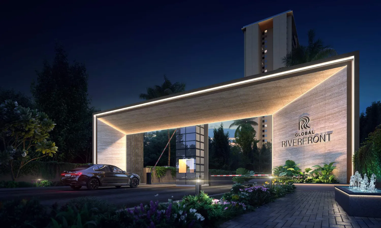 Global Riverfront - illuminated entrance gate with the residential tower behind, Koregaon Park Annexe, Pune