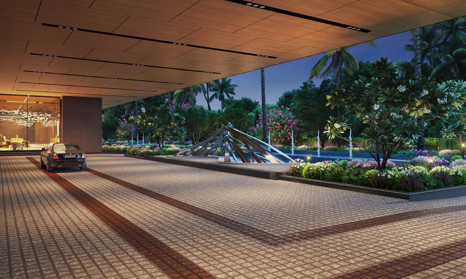 Global Riverfront drop-off plaza with a sculptural water feature at dusk, Koregaon Park Annexe, Pune - virtual tour